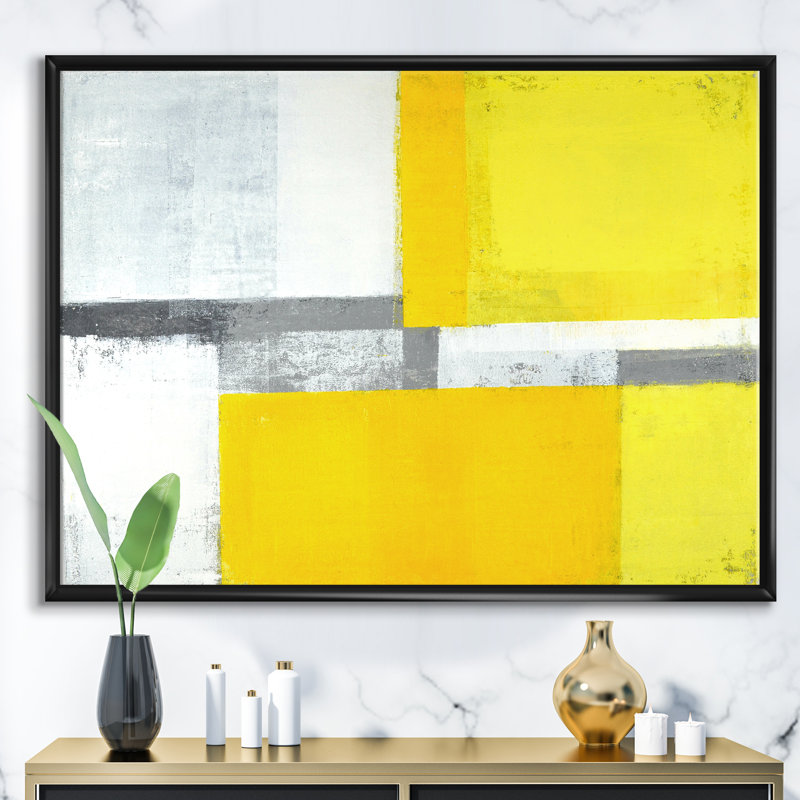 «Gray and Yellow Blue Abstract», reproduction d'art sur toile, H 12 po x l 20 po x p 1 po, Cadre flottant noir