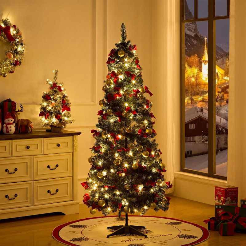 Arbre de Noël artificiel complet 6 pi, pin de Noël pop up non éclairé de qualité supérieure avec embouts en PVC, 70 arcs rouges et boules de Noël en or 36 pièces, parfait pour la décoration de Noël, la maison, la fête, les fêtes