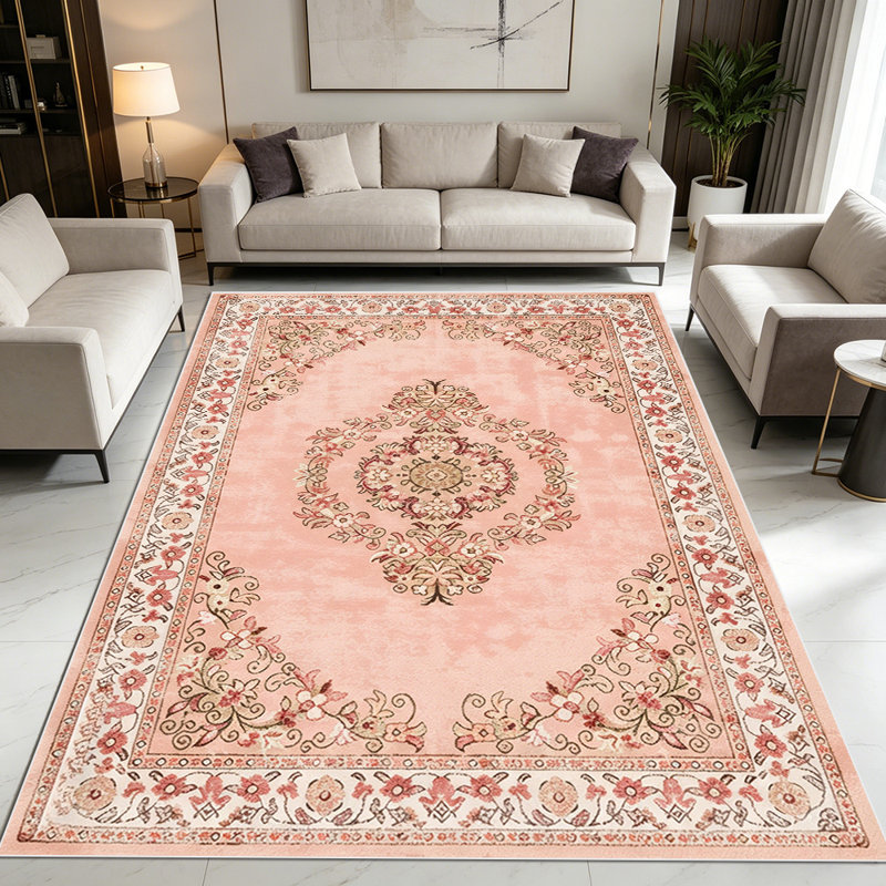 1PC Vintage Pink Floral Medallion Bohemian Traditional area rugs for Living Room, Soft, All seasons, Easy-maintain, Washable Indoor mat, Farmhouse suitable for for dining table, bedroom, home office...