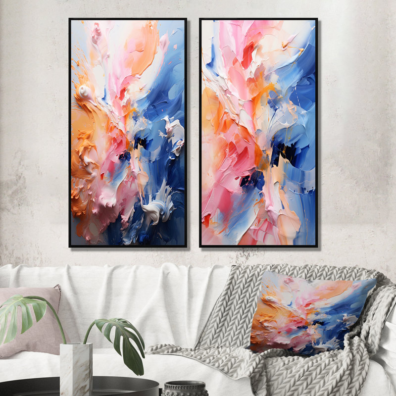 «Pink Blue Blossom Fusion», 2 pièces sur toile, Cadre noir, H 24 po x l 20 po