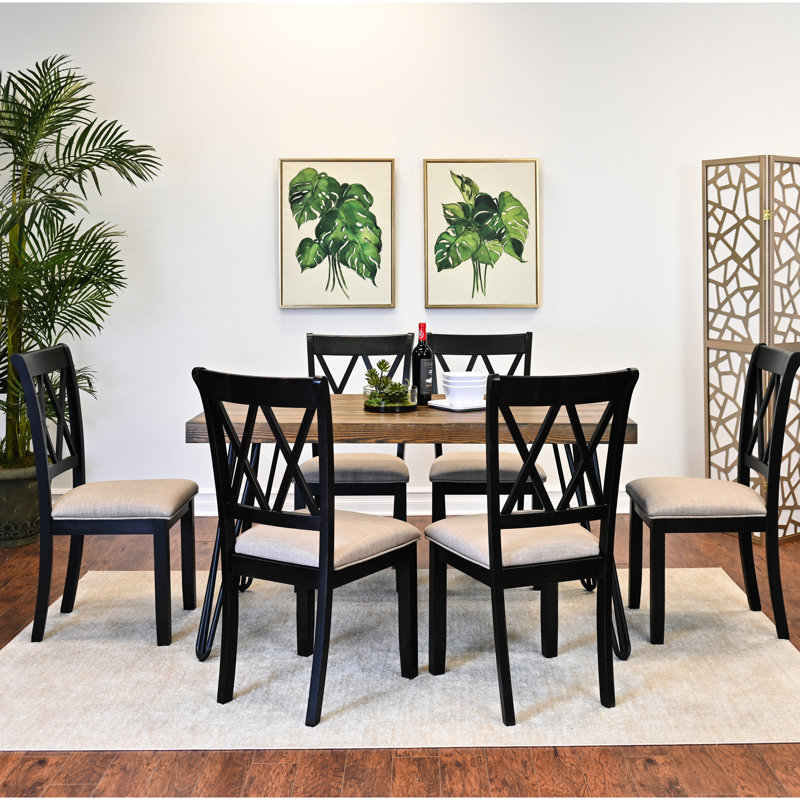 7 tables de salle à manger avec table en épingle à cheveux et 6 sièges, plateau en bois d'ingénierie, base en métal, supports de chaise en bois d'hévéa massif: et sièges, plateau de table, fabrication