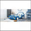 Lit plateforme simple en forme de voiture de course avec roues, bleu