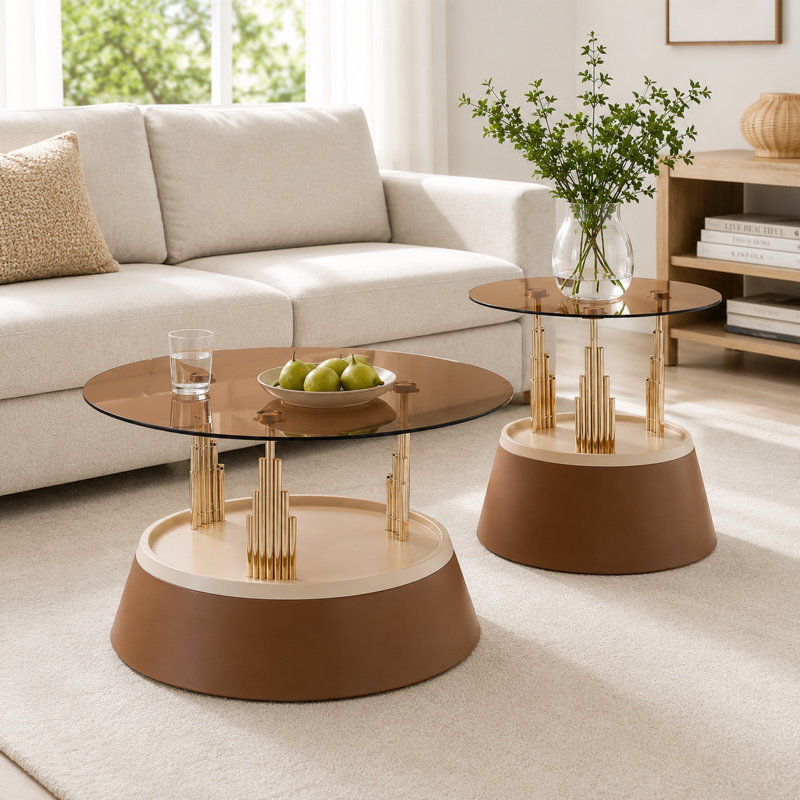 Ensemble de 2 tables basses gigognes, Brun