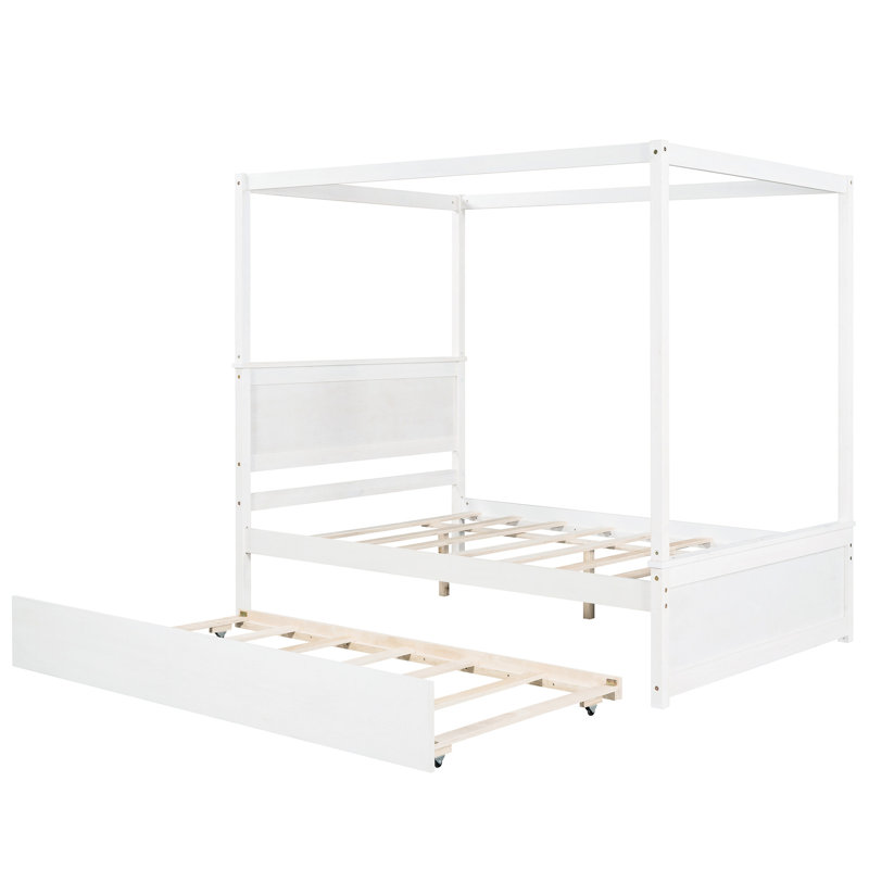 Lit double avec lit gigogne et auvent, option de chambre polyvalente, bois massif, lit gigogne à plateforme, profil extérieur élégant