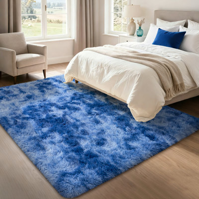 9x12 ft Tie-dyed Blue Shag Rug, Ideal for living room decor, Ultra-Soft Puffy Fluffy Rug for Bedroom Flooring, Aesthetic Carpets Suitable for Kids' Rooms, Dorms, and Home Decor