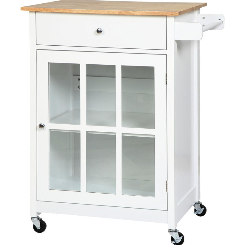 27" Kitchen Island With Drawer - White. Glass Door Cabinet & Towel Rack. Adjustable Shelf. Rubber Wood Top. 4 Wheels For Mobility. 26.5" W X 19" D 34" H. 110 Lbs Capacity On Drawer, Workspace. Mobile