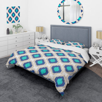 Blue Ikat Ogee - Ensemble de housse de couette abstrait - Microfibre de polyester