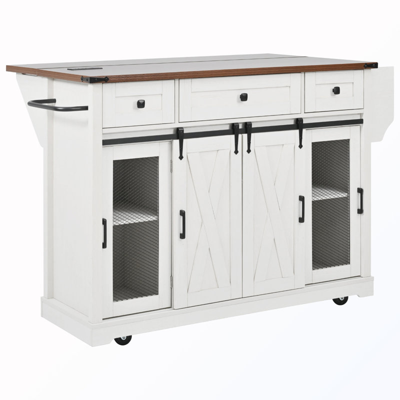 Rolling Storage Kitchen Island with Sliding Barn Door & Spice Rack, White