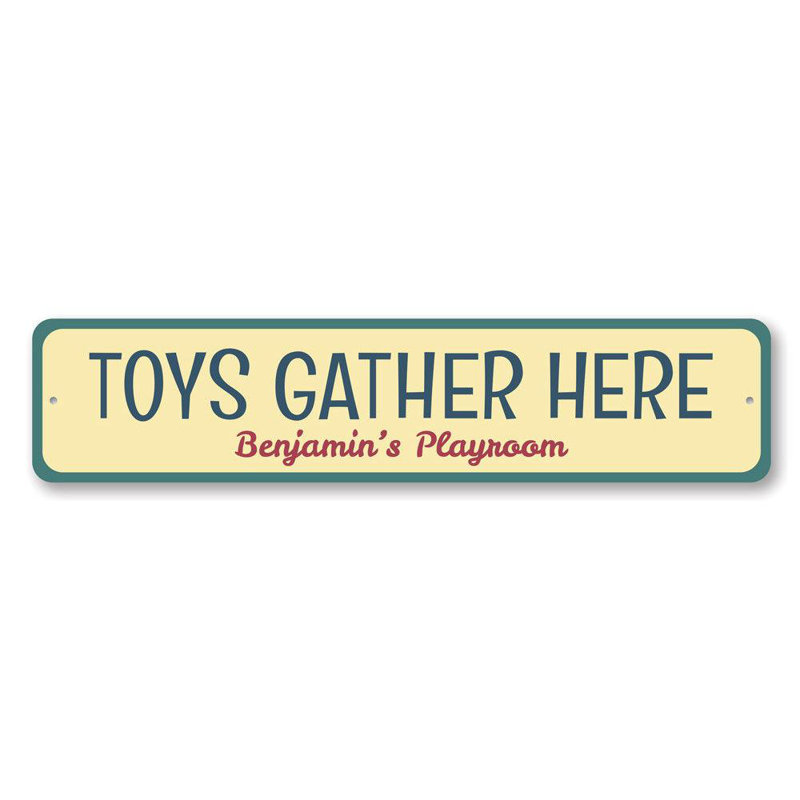 Enseigne en aluminium Jouets Gather Here, H 6 po x l 24 po x P 0,063 po