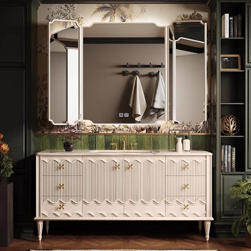 Armoire de salle de bain rétro sur pied, H 33,46 po x l 55,12 po x P 21,65 po, Blanc cassé