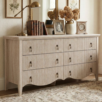 6-drawer Double Dresser With Fluted Design, Vintage Wide Chest Of Drawers With Scalloped Base, Organic Modern Storage Cabinet For Bedroom, Walnut Fini