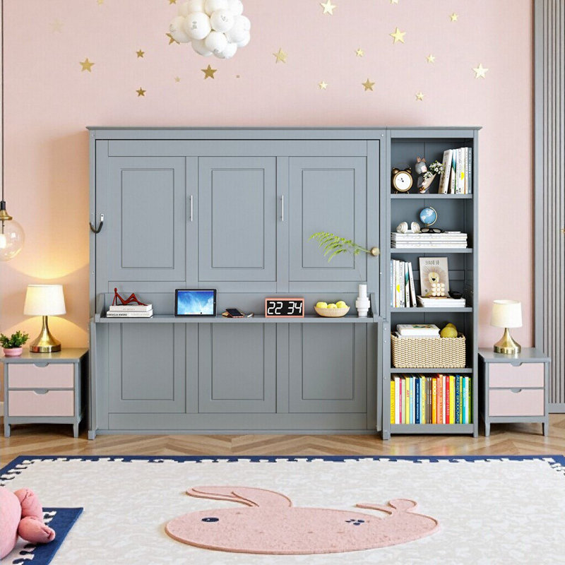 Grand lit escamotable gris avec bibliothèque et bureau intégré | Lit mural peu encombrant | Aucun sommier tapissier requis