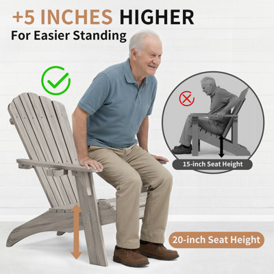 Chaise de patio Adirondack, surdimensionné pour l'extérieur 350 lb avec porte-gobelet, siège d'extérieur toutes saisons résistant aux intempéries et à la décoloration, gris clair