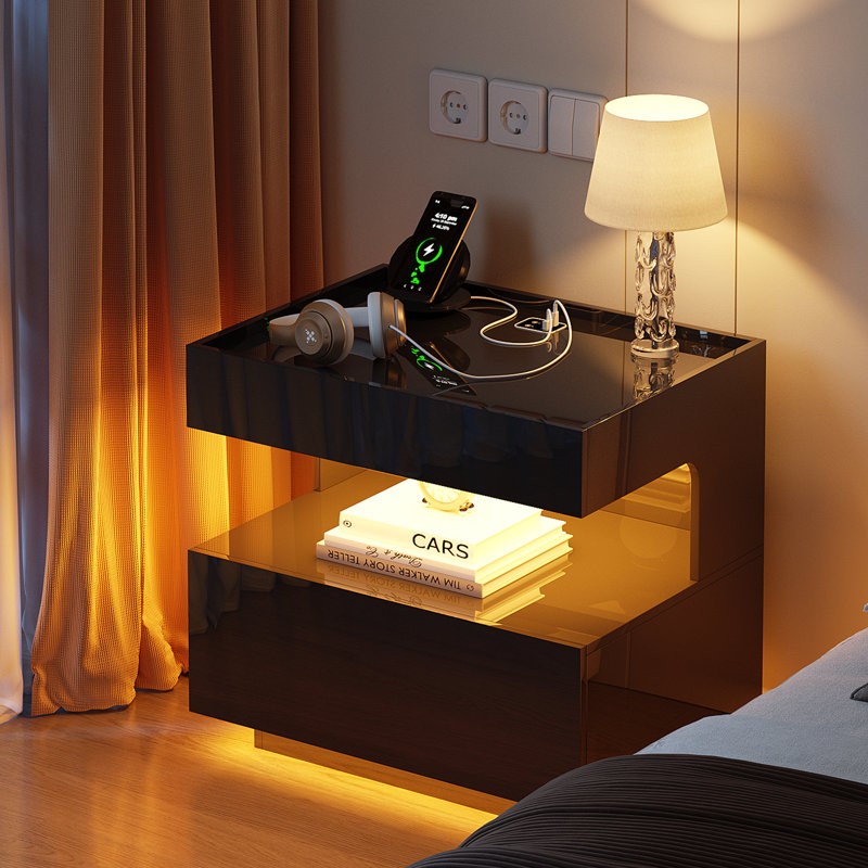 Modern LED Bedside Table with Motion Sensor Light, High Gloss Nightstand with Open Shelf and Drawer, Black