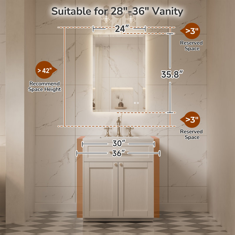 Beveled LED Backlit Bathroom Vanity Mirror, 36" x 24"