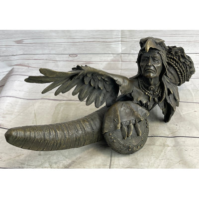 Native American Warrior With Eagle Headdress And Horn Bronze Sculpture Figurine