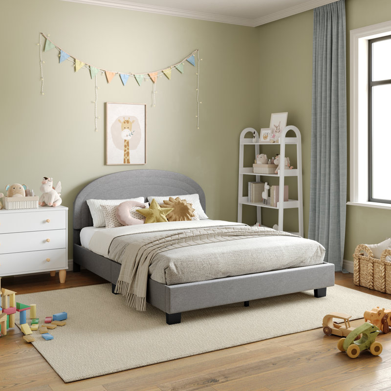 Aurey Upholstered Platform Bed Frame - Curved Stitched Headboard And Slat Foundation, Gray, Full
