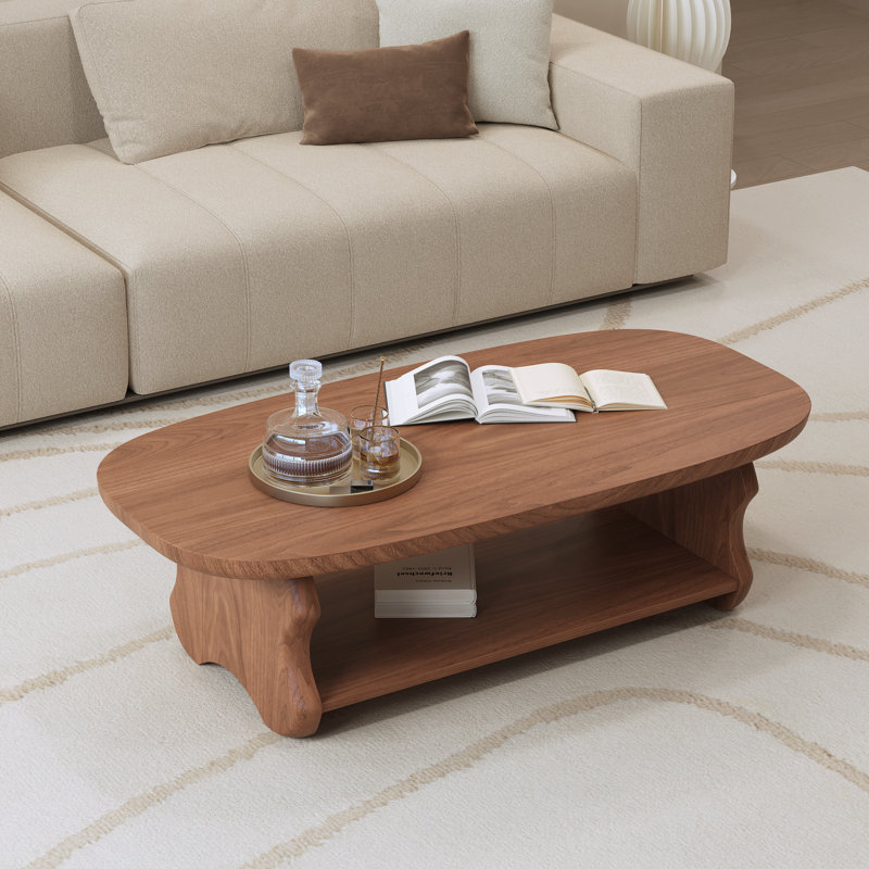 Retro Artistic Irregular Walnut Coffee Table With 2-Tier Storage