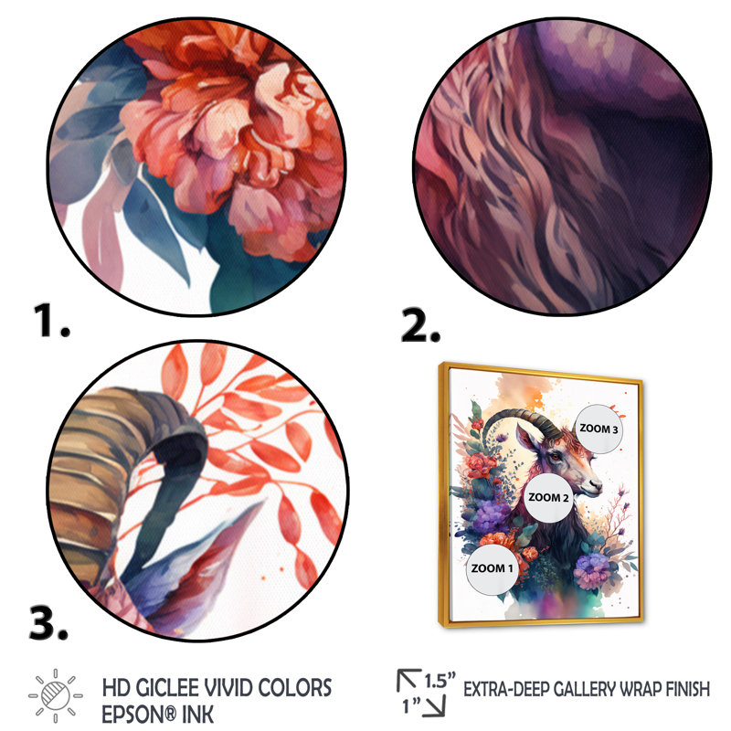 «Cute Goat Floral Art I», peinture sur toile, H 32 po x l 16 po x P 1 po, Toile avec cadre flottant or