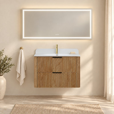 Ensemble de vanité suspendue noire de 76 cm avec lavabo intégré et miroir de courtoisie à DEL de 71 x 152 cm