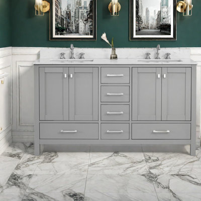 Meuble-lavabo en bois massif de qualité avec lavabo, style gris moderne pour salle de bain spacieuse