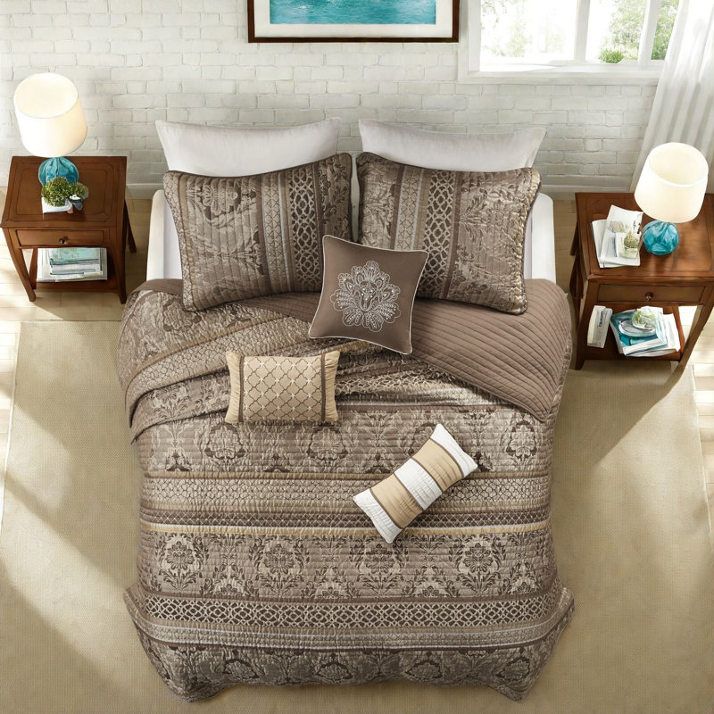 Reversible Bedding Sets Cotton Fill Jacquard Brown Gold For Home