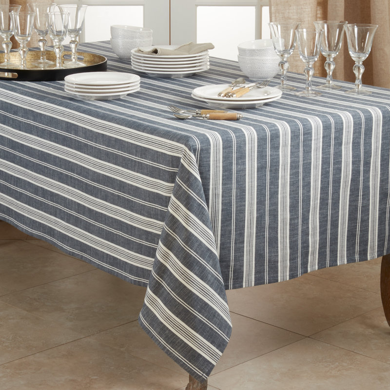 Capel Striped 100% Cotton Machine Washable Tablecloth, 140" x 65", Navy Blue
