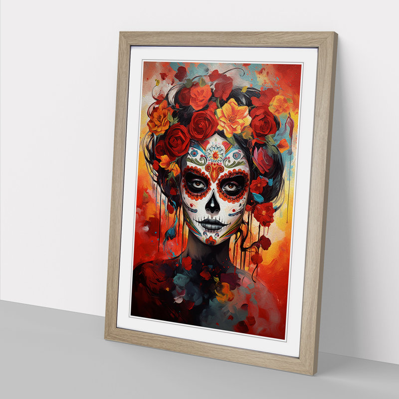 Sugar Skull Modern No.2 - Framed Print, 34cm H x 25cm W x 2cm D, Oak
