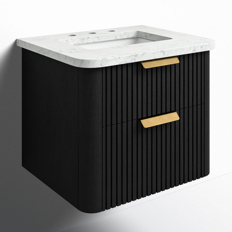 Ensemble de meuble-lavabo simple 24 po avec plateau en pierre d'ingénierie Liljan, Chêne noir / bronze brossé