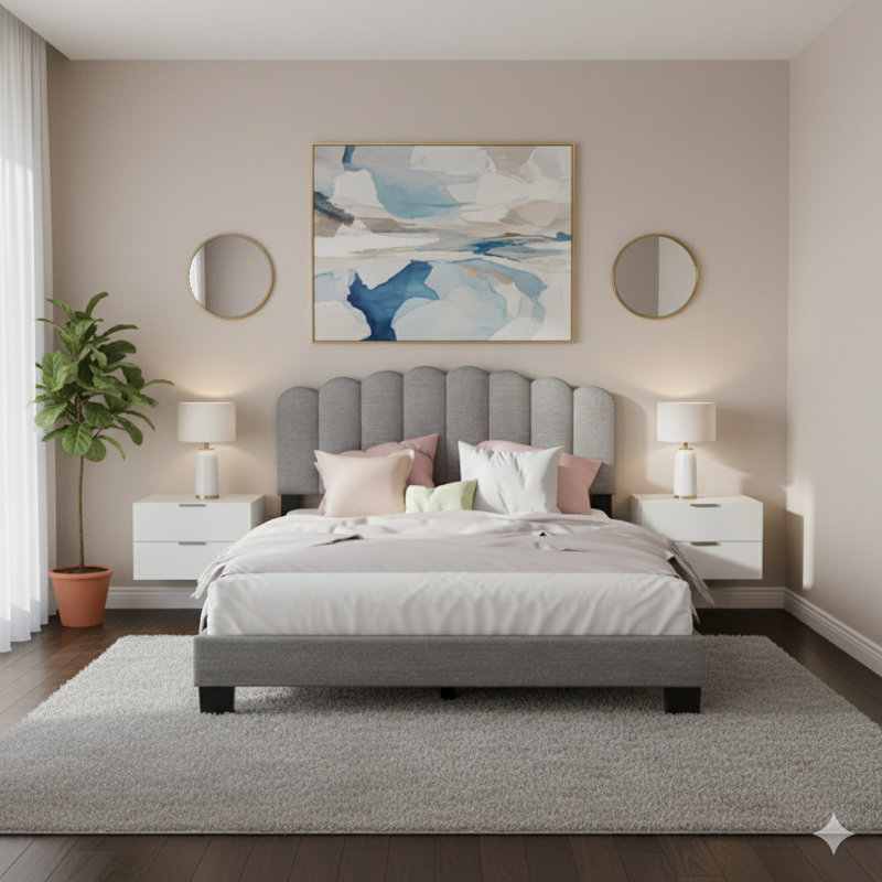 Bed Frame With Headboard,Upholstered Platform Bed Frame， Wingback Headboard, Solid Wood Slats Support, No Box Spring Needed