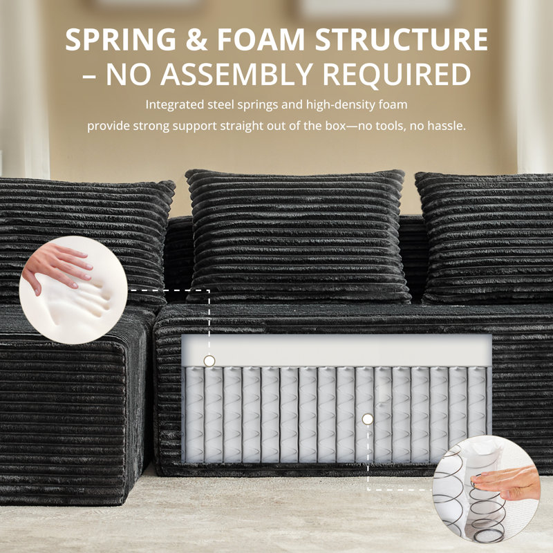 Boneless U-Shaped Deep Seat Modular Sectional Sofa, Corduroy Upholstered Cloud Boneless Couches With Side Pockets