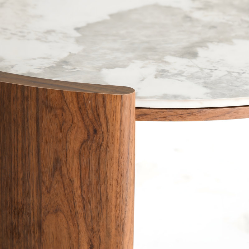 Table basse luxueuse ronde en pierre frittée, table centrale 31,5 pouces au look de marbre Pandora avec pieds en dalle de noyer épais, table de cocktail circulaire élégante pour salon italien moderne