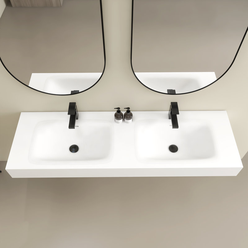 59"  Premium Wall Mounted Double Basins Sink Solid Surface Rectangular Bathroom Sink With Faucet Hole