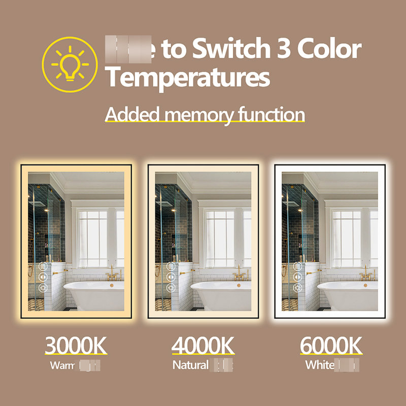 Miroir de salle de bain intelligent 40 x 32 pouces avec éclairage réglable, fonction de brouillard, compatibilité avec interrupteur mural, composants UL, miroir argenté cuivré, verre trempé de 5 mm de luminosité et de couleur, construit