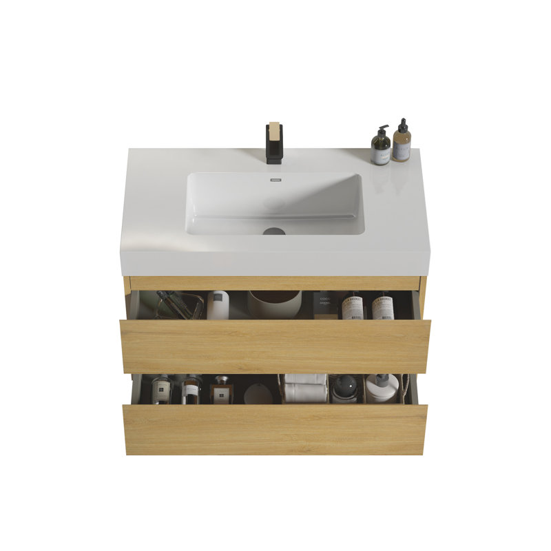 Meuble-lavabo élégant avec tiroirs doubles et conception sans poignée, offrant beaucoup de rangement et un look moderne.