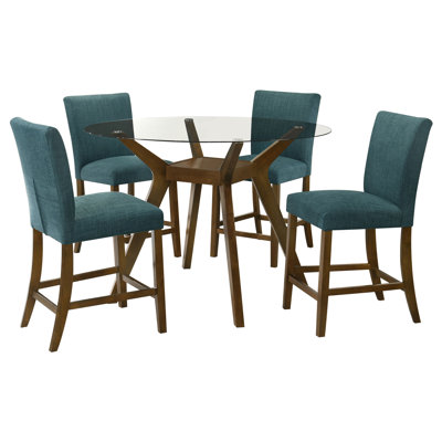 5-Piece Counter Height Dining Set, 48" Round Glass Top Table with 4 Upholstered Chairs, Rubberwood and Glass, Brown and Teal Blue, V-Shaped Base with Shelf