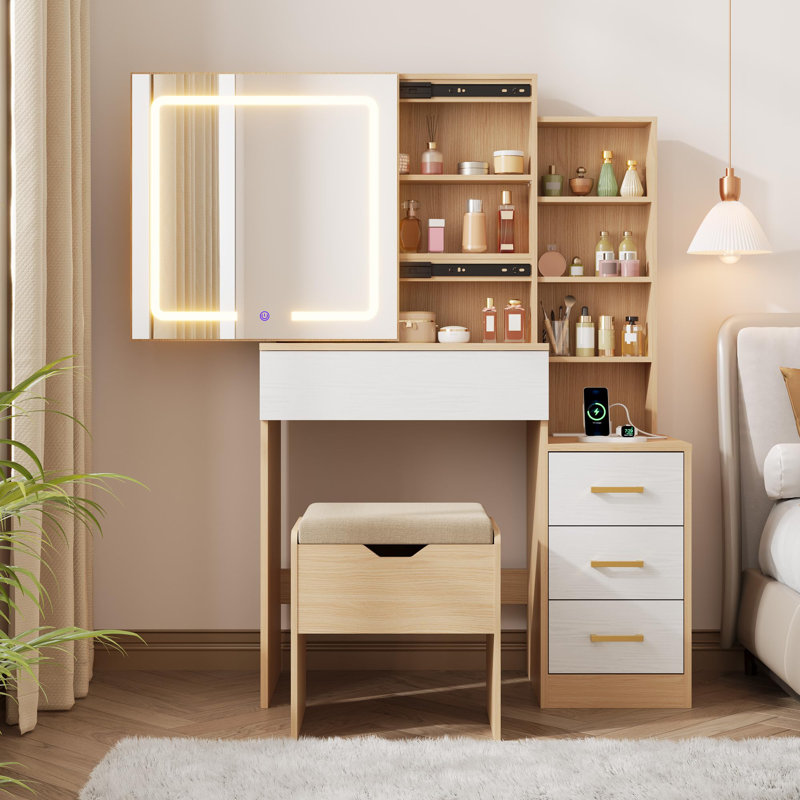 Meuble-lavabo moderne avec miroir coulissant avec lumières DEL réglables, 4 tiroirs, 7 tablettes de rangement, prise de courant, tabouret, 3 modes d'éclairage