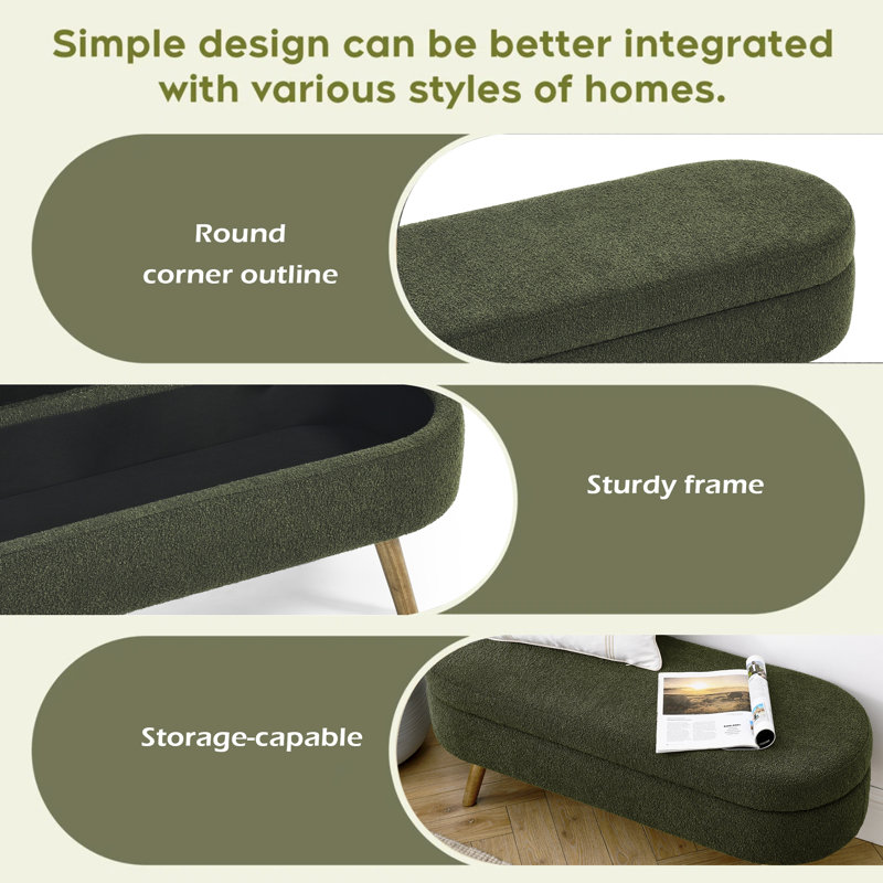Ottoman Oval Storage Bench,Rubber Wood Legs, Green