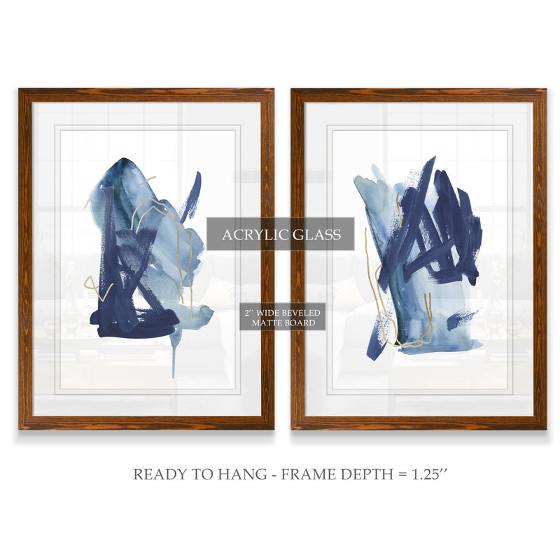 «Indigo Collide I» par Melissa Wang - ensemble de 2 peintures encadrées, H 20 po x l 16 po, Espresso