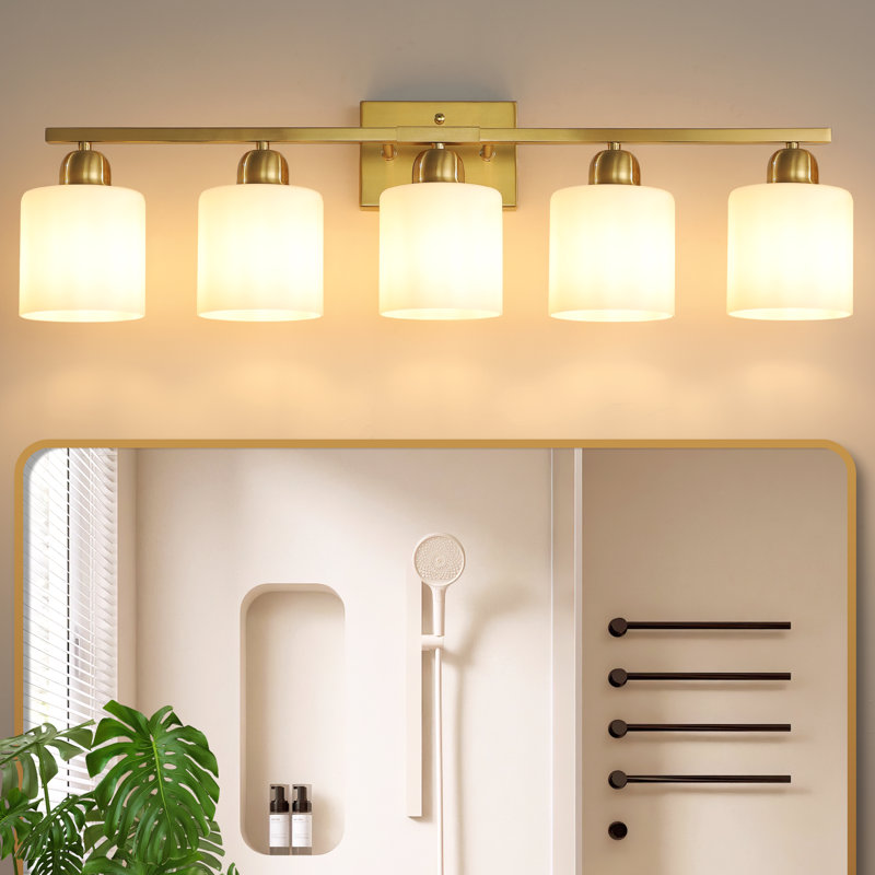  Éclairage de meuble-lavabo à 5 lumières à intensité variable avec abat-jour en verre de lait givré, Doré, 5 lumières