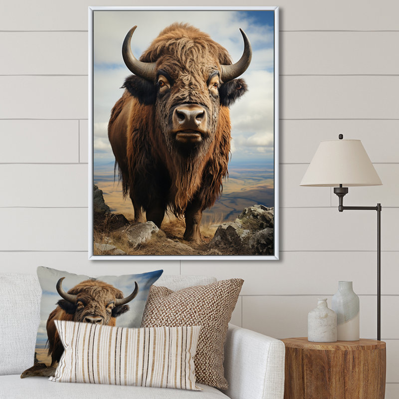 Bison Bold And Free - Animaux, art mural, salon, H 44 po x l 34 po x P 1,5 po, Cadre flottant blanc