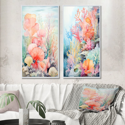 Aquarelle corail pastel - Ensemble de 2 décorations murales corail sous l'eau