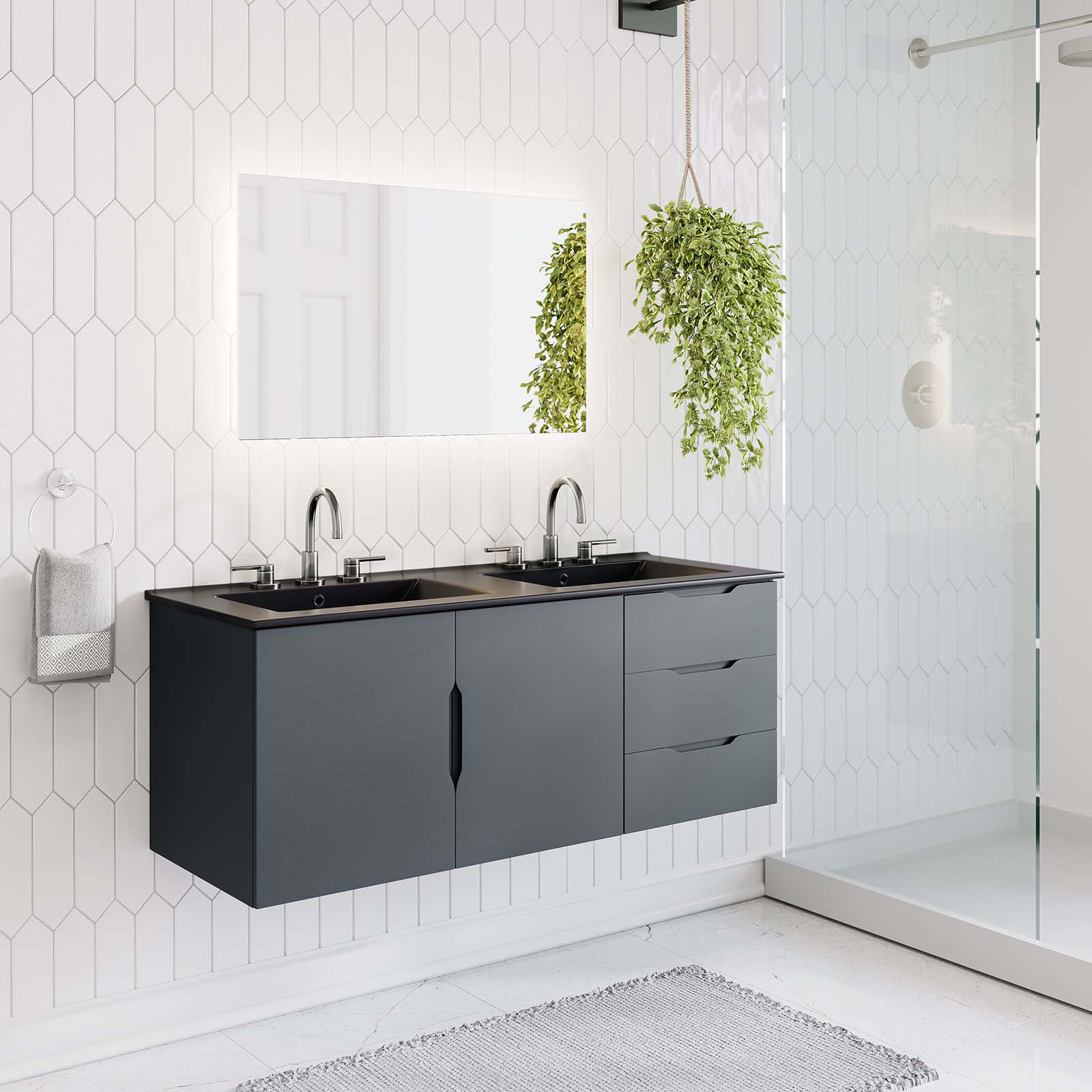 Ceramic sink with suspended cabinet, two melamine doors and