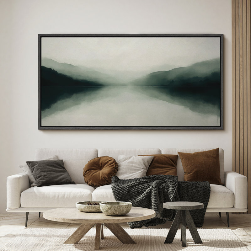 «Misty Lake and Mountain», toile encadrée - Paysage tranquille dans des tons de gris frais, Noir, H 30 po x l 60 po
