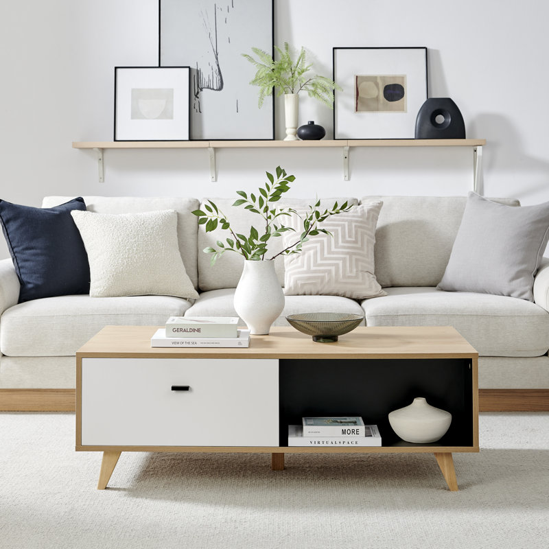 Bonnet Matte Off White & Wood Living Room Centre Table - Coffee Table with Storage