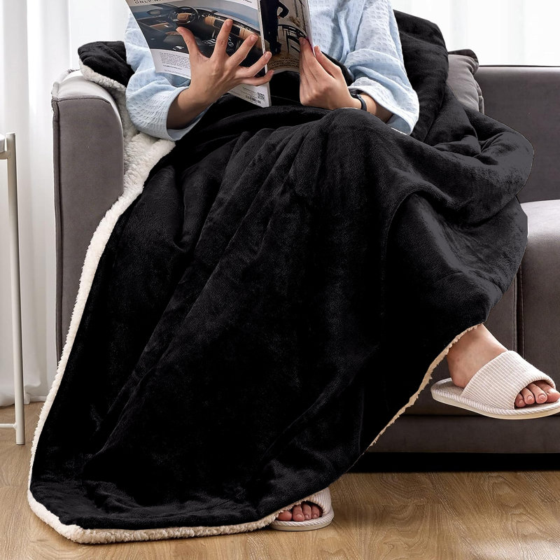 Luxury Sherpa Fleece Throw Blanket, Bedroom, Bedding, King size, Double, Black, 200cm W x 240cm L