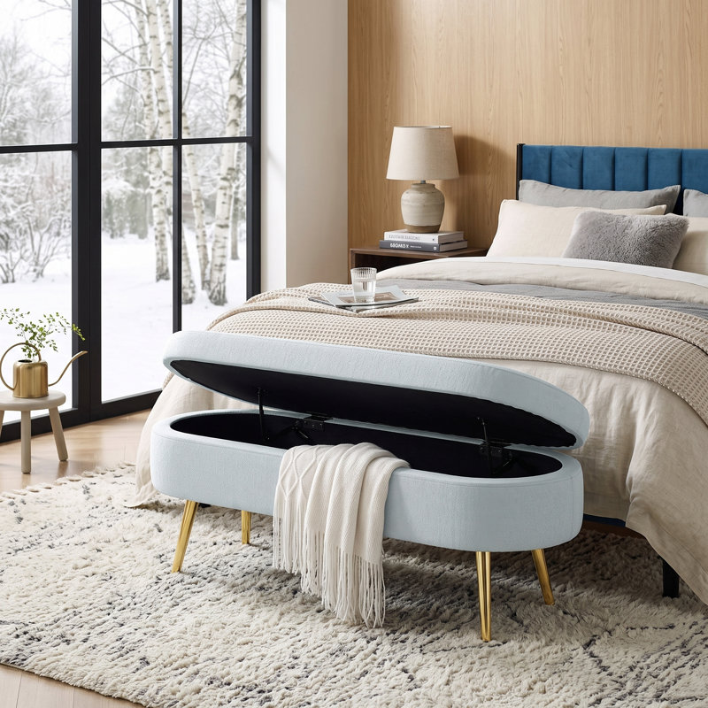 Banc de rangement élégant avec repose-pieds ovale - Siège polyvalent et rangement caché pour la vie moderne, Cyan
