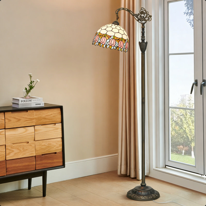 63"H Tiffany Style Floor Lamp with Stained Glass Shade and Resin Base, Pink Tulip Pattern
