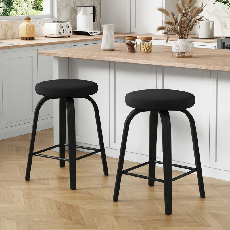 Ensemble de 2 tabourets pivotants de style Mid-Century, Siège bleu / structure en noyer