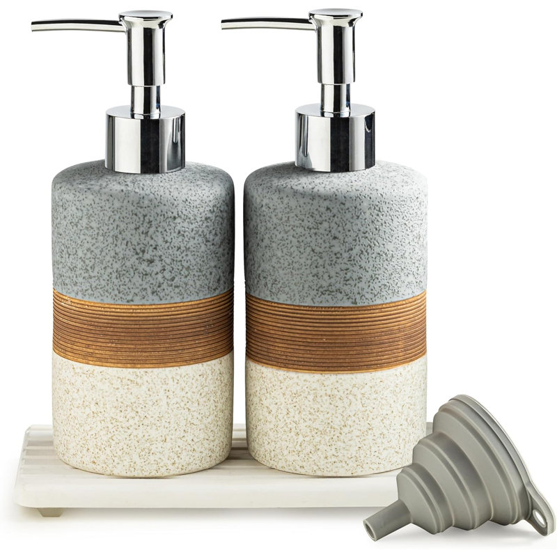 Ceramic Soap Dispenser Set of 2, Hand and Dish Soap Dispenser Set | Stainless Steel Pump, Silicone Funnel and Diatomaceous Tray, Gray